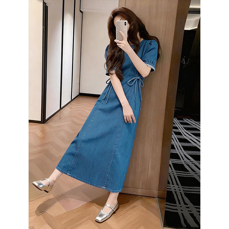 달콤함 첫사랑 바람 데님 여성 드레스 여름 학생 루즈핏 슬림해 보이는 귀여운 베이비 칼라 레이스업 중간 길이 치마