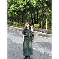 批发五是喜喜~复古做旧<b class='q'>牛仔</b>连衣裙女夏季休闲配腰带收腰显瘦长款裙子