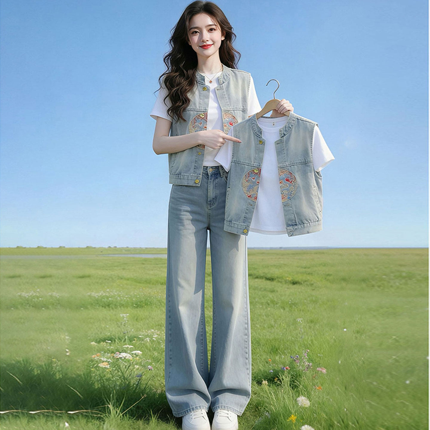 새로운 중식 데님 베스트 짧은 여성 코트 작은 키 빛 럭셔리 외부 가져 가라. 어깨 조끼 얇은 스타일 재킷 민소매 조끼
