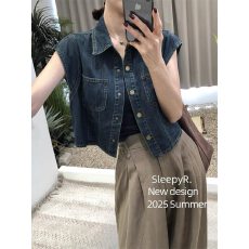 批发气质复古设计感无袖牛仔衬衫上衣小众别致时尚<b class='q'>百搭</b>叠穿马甲外套女