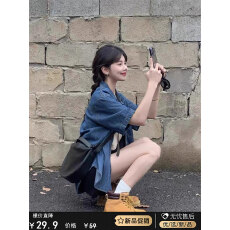 批发美式复古蓝色牛仔短袖衬衫上衣女<b class='q'>夏</b>季薄款设计感小众chic别致衬衣