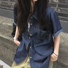批发美式复古牛仔口袋短袖衬衫女2026<b class='q'>夏</b>季新款休闲宽松显瘦百搭上衣潮