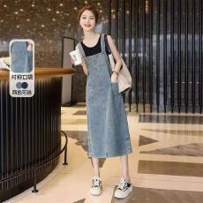 批发<b class='q'>背带</b>裙女2025夏季新款多口袋开叉复古小个子宽松中长款牛仔连衣裙