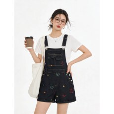批发韩式学院风刺绣牛仔背带<b class='q'>短裤</b>夏季新款小个子减龄百搭俏皮阔腿裤女