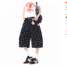批发美式复古波点满印牛仔七分裤男女夏季重磅设计感短裤宽松<b class='q'>大码</b>中裤
