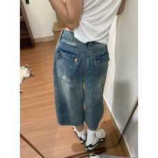 批发美式复古高腰七分牛仔裤女夏季新款<b class='q'>大码</b>胖mm宽松显瘦直筒阔腿中裤