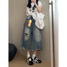 批发复古高腰破洞阔腿七分裤女夏季薄款<b class='q'>大码</b>胖mm宽松显瘦直筒牛仔裤