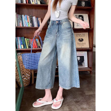 批发美式复古做旧直筒牛仔中裤女夏季新款高腰宽松<b class='q'>大码</b>阔腿八分牛仔裤