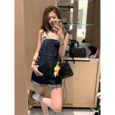 批发美式复古牛仔背带裤女夏薄款小个子宽松显瘦减龄学生高腰<b class='q'>连体</b><b class='q'>短裤</b>