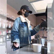 批发韩系时尚蓝色加绒牛仔外套女2026<b class='q'>冬</b>季新款设计感加厚保暖翻领上衣