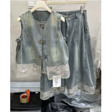 批发夏季新款蕾丝拼接<b class='q'>牛仔</b>马甲+阔腿裤套装女时尚百搭减龄显瘦两件套