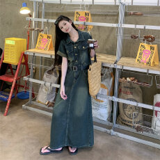 批发<b class='q'>大码</b>胖mm港风复古翻领短袖牛仔连衣裙女夏季新款收腰遮肚子a字裙
