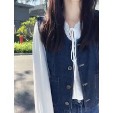 批发日系复古<b class='q'>牛仔</b>坎肩马甲外套女2026春季文艺木耳边衬衫叠穿一整套