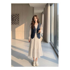 批发法式牛仔马甲连衣裙两件套女春秋2026新款A字裙<b class='q'>通勤</b>优雅气质套装
