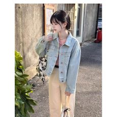 批发浅蓝色牛仔外套女款春秋季新款港风复古高级感长袖夹克chic上衣潮