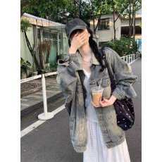 批发高街美式复古水洗做旧牛仔外套女春秋宽松oversize中长款夹克上衣