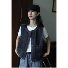 批发明线复古牛仔马甲女秋季外套小个子<b class='q'>百搭</b>显瘦短款宽松小坎肩外搭