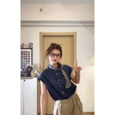 批发大码胖MM日系复古休闲蓝色牛仔衬衫女夏季薄款短袖坎肩衬衣上衣