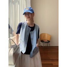 批发韩系圆领无袖牛仔马甲背心女夏季复古宽松外搭叠穿坎肩马夹短外套