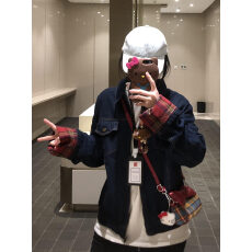 批发美式复古格纹拼接牛仔外套男女春秋新款宽松ins百搭休闲翻领夹克