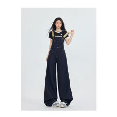 批发2026新款美式复古深蓝色牛仔背带裤女春夏慵懒宽松显瘦拖地连体裤