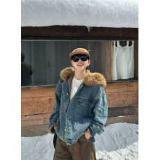 批发XBRO美式座山雕加绒加厚冬季保暖连帽棉服水洗做旧bf牛仔夹克棉衣