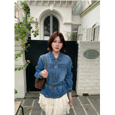 批发山山屿你【甜酷复古】微胖韩系牛仔外套女秋复古系带收腰翻领夹克