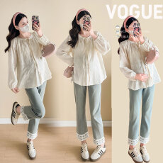 批发春装新款刺绣工艺纯棉衬<b class='q'>衫</b>韩版宽松孕妇上衣中长款+裤子