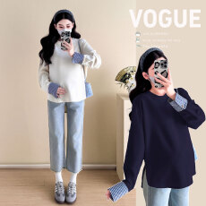 批发孕妇装卫衣衬衫条纹袖拼接长袖T恤新款棉质遮屁股宽松上衣