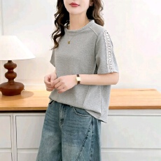 批发大码胖mm法式简约精致蕾丝正肩半袖上衣立体折线遮肉短袖T恤