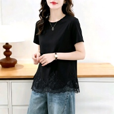 批发蕾丝花边黑色短袖t恤女夏正肩<b class='q'>打底衫</b>2026新款休闲宽松高级感上衣