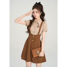 批发25夏美拉德设计穿搭学院风<b class='q'>连衣裙</b>女假两件收腰显瘦氛围感裙子