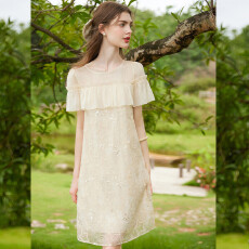 批发木耳边装饰中长款25夏新款时尚休闲圆领无弹短袖女式<b class='q'>连衣裙</b>