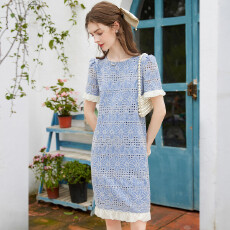 批发撞色底摆装饰25夏新款圆领套头中长款短袖无弹女式<b class='q'>连衣裙</b>