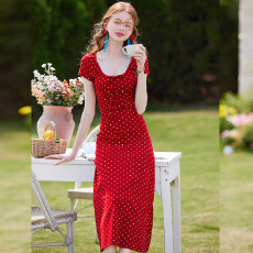 批发复古微弹U领25夏新款甜美时尚收腰短袖波点长款女式<b class='q'>连衣裙</b>