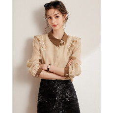 批发立体<b class='q'>花朵</b>装饰25年秋款时尚不对称斜门襟撞色翻领长袖女式衬衫