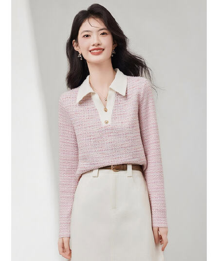 작은 샤넬 스타일 품격 폴로 칼라 반팔 티셔츠 여성 2026 년 가을 새로운 연령 감소 슬림해 보이는 출퇴근 다용도 맨위