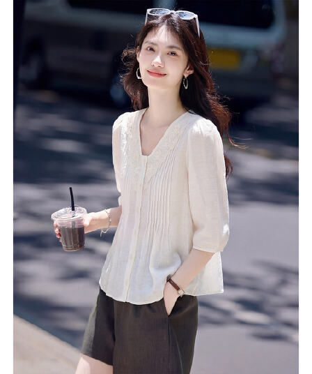 포함 아마 장기 Pleat 표지 배 슬림해 보이는 여성 셔츠 26 여름 새로운 패션 연령 감소 품격 다용도 작은 셔츠