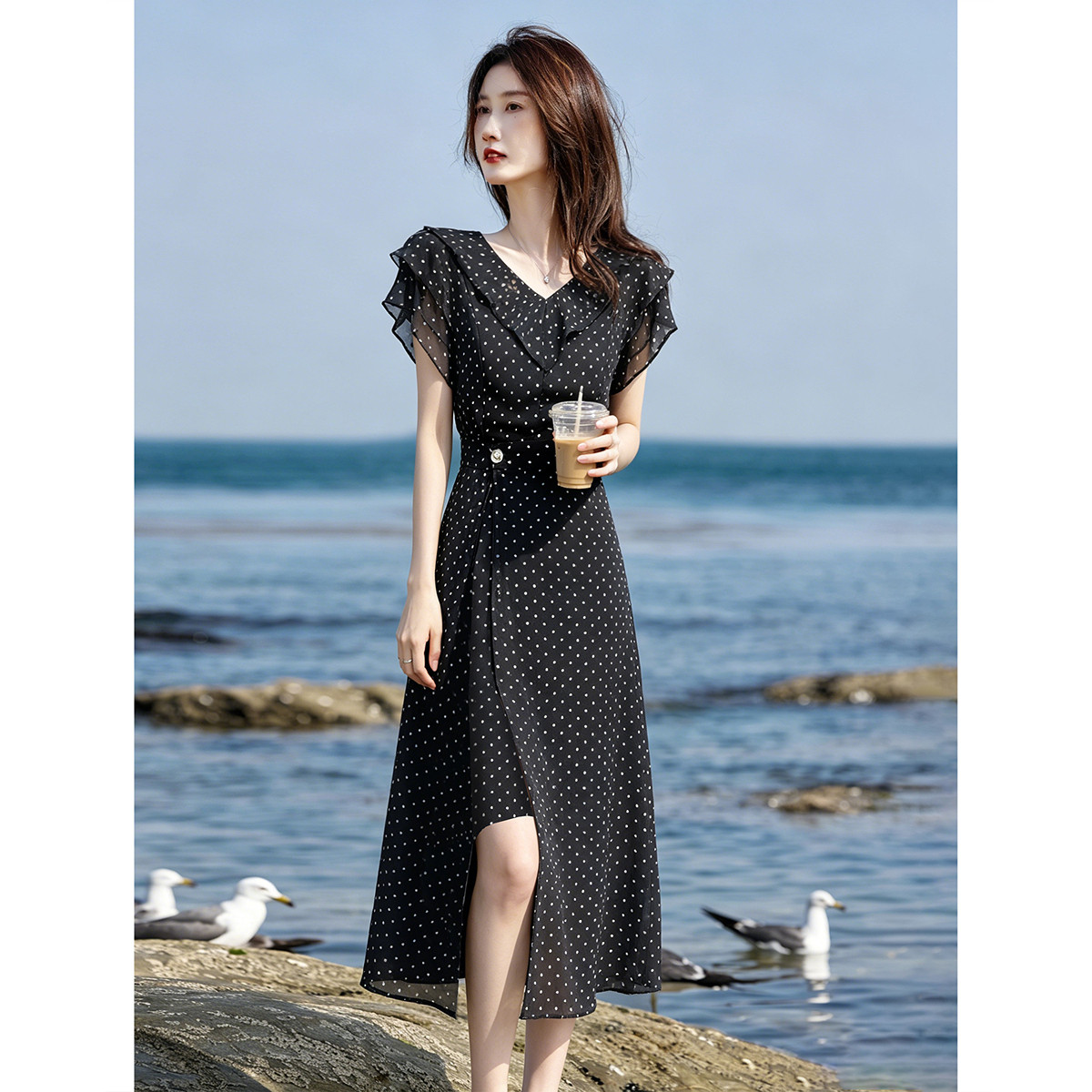 포함 치마 커튼 A라인 스커트 26 여름 우아함 프릴 꽃무늬 도트 무늬 반팔 드레스