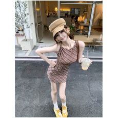 批发官图 不规则复古格子网纱扭结<b class='q'>连衣裙</b>女2025新款