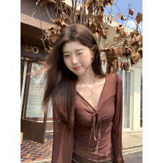 批发官图  纯欲风系带网纱收腰<b class='q'>雪纺衫</b>秋季薄款<b class='q'>不规则</b>打底上衣女