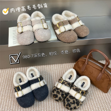 批发内增高豹纹毛毛鞋单鞋女鞋子2025秋冬加绒保暖博肯鞋棉乐福鞋