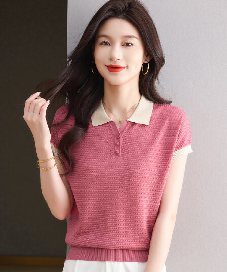 라이 경기 서울 주간 실크 반팔 여성 여름 새로운 슬림해 보이는 연령 감소 폴로 칼라 패치워크 색상 티셔츠 루즈핏 외국 가스 얼음 실크 맨위