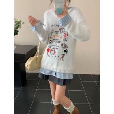 批发甜美童趣卡通印花<b class='q'>针织衫</b>女秋冬季系带撞色格子拼接假两件上衣