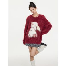 批发美式红色水貂绒秋冬女兔子套头提花宽松慵懒风圆领针织衫<b class='q'>毛衣</b>上衣