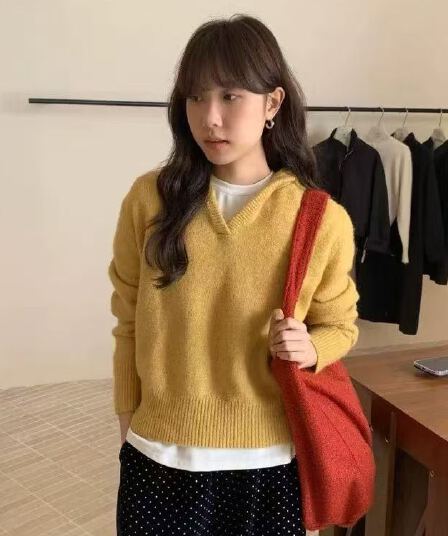우유 fufu 느긋한 황색 후드 스웨터 여자 가을 겨울 너구리 플러시 니트 스웨터 외출용 루즈핏 풀오버 맨위