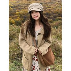 批发独特超好看大翻领针织<b class='q'>开衫</b>外套女2025秋冬新款中长款慵懒毛衣外穿