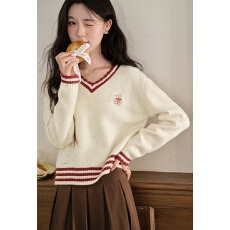 批发撞色V领套头长袖针织衫女早秋新款慵懒风复古美式宽松小众毛衣