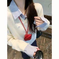 批发韩系秋<b class='q'>冬</b>氛围感穿搭学院风假两件格子拼接毛衣女慵懒风针织衫上衣