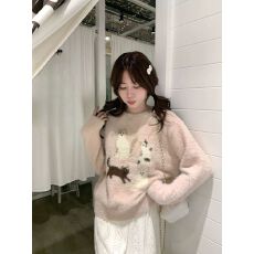 批发粉色仿貂毛圆领毛衣女秋<b class='q'>冬</b>2025秋季新款小猫提花加厚针织毛衫上衣